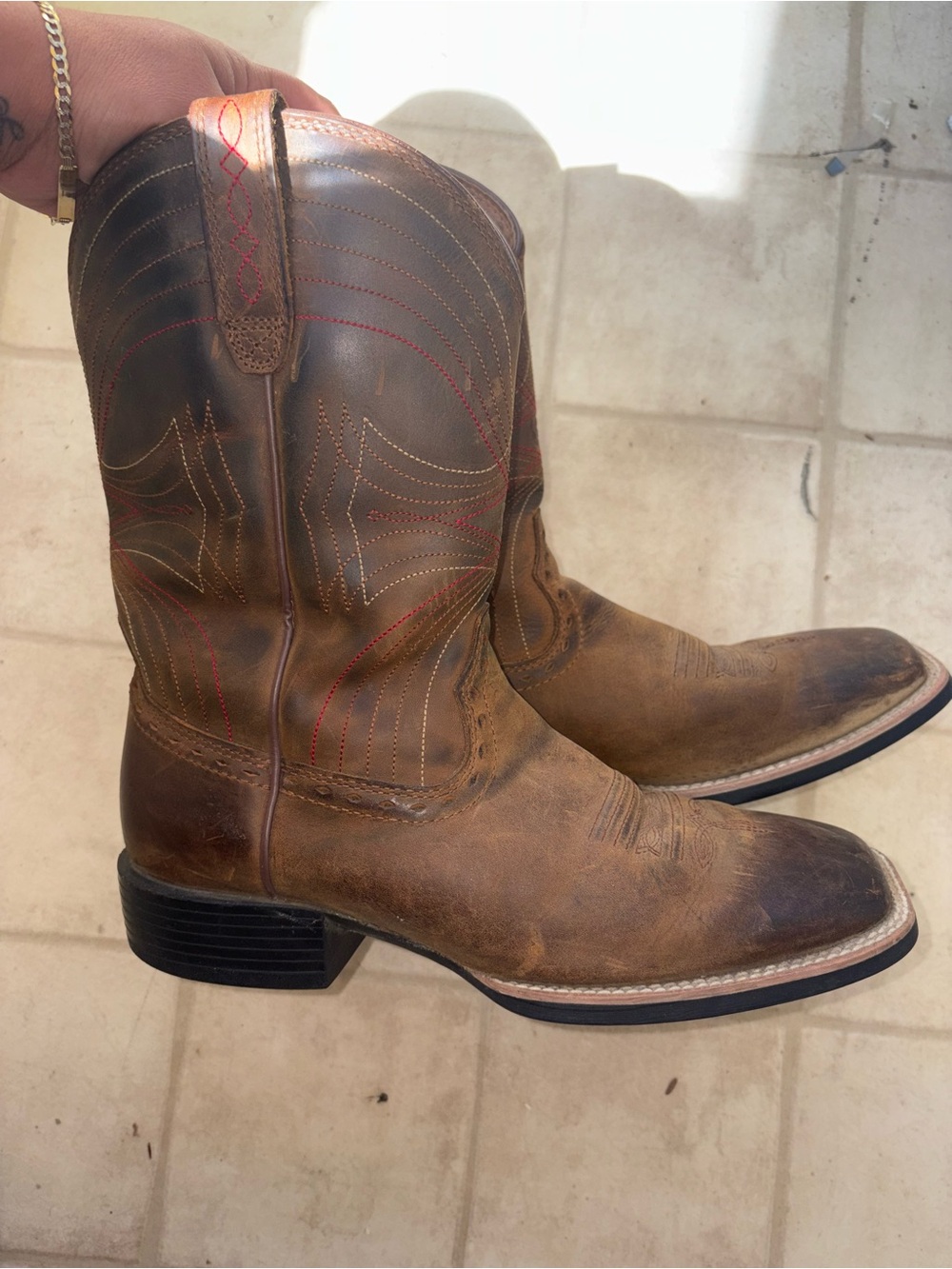 Men's Tan Leather Cowboy Boots with Contrast Stitching